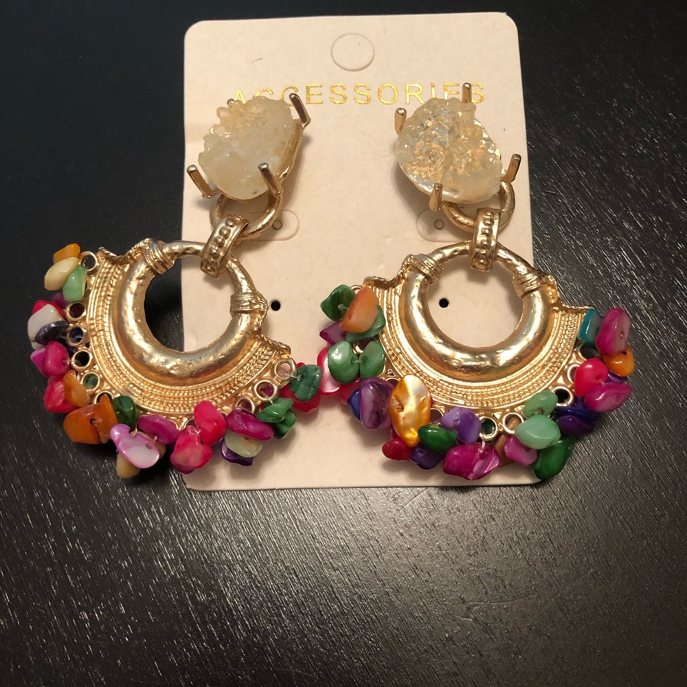 Colorful earrings with a rainbow of colors.